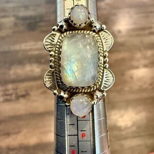 Unique 3 Round Rainbow Moonstone Ring Southwestern Sterling Silver Framed New